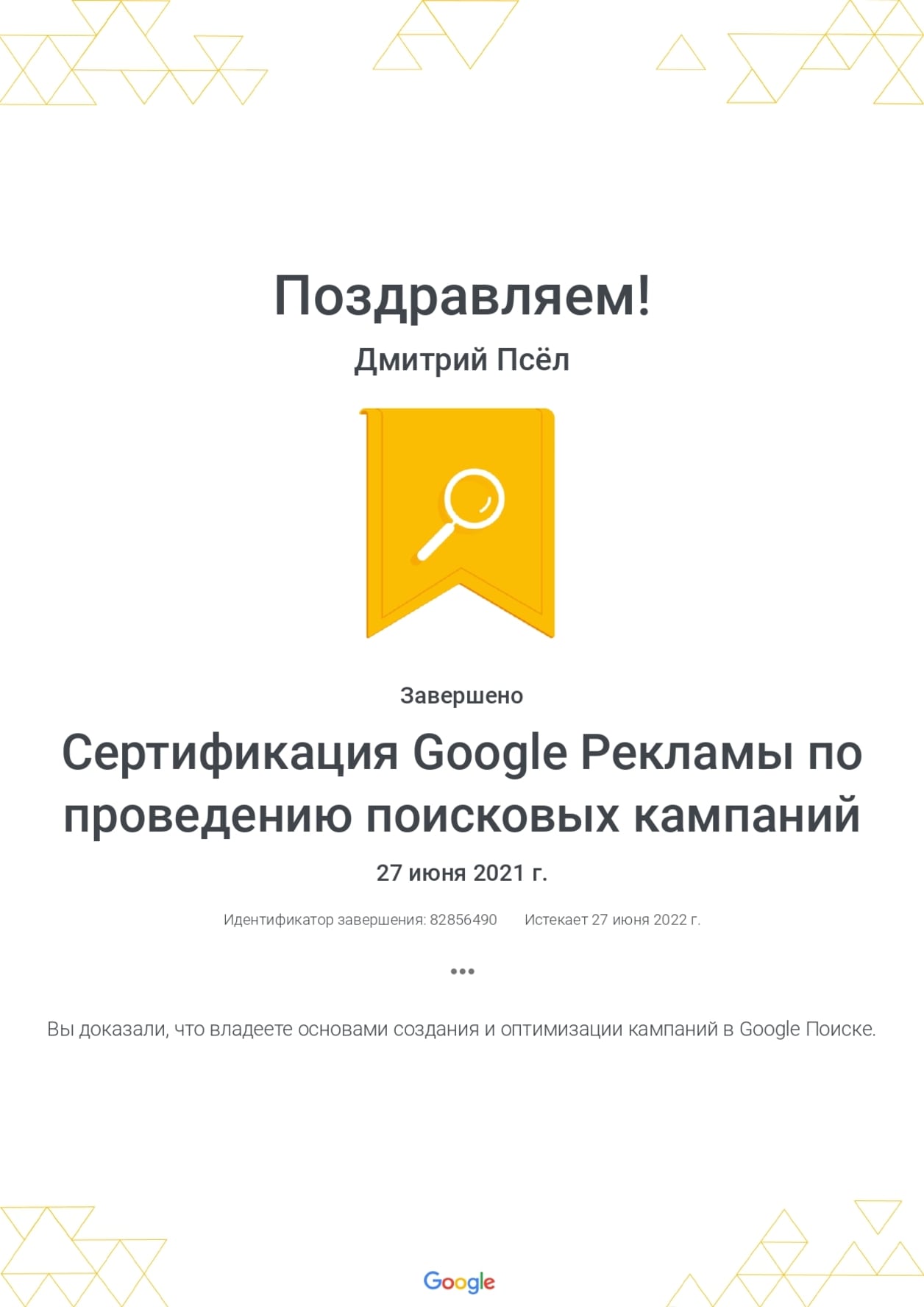 Дмитрий Псёл - сертификат по проведению поисковых кампаний